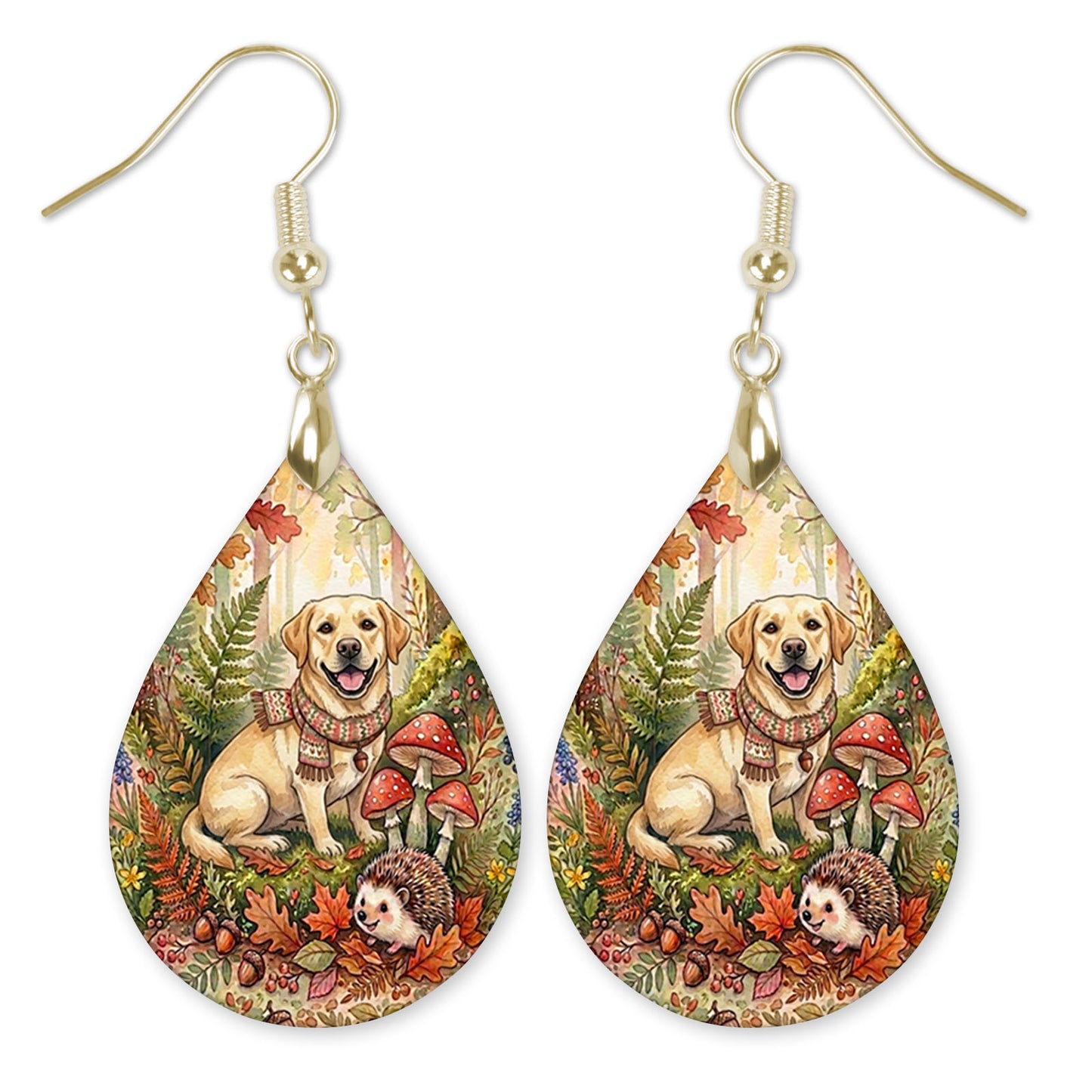 Yellow Lab in an autumn woodland teardrop earrings with gold-tone hooks