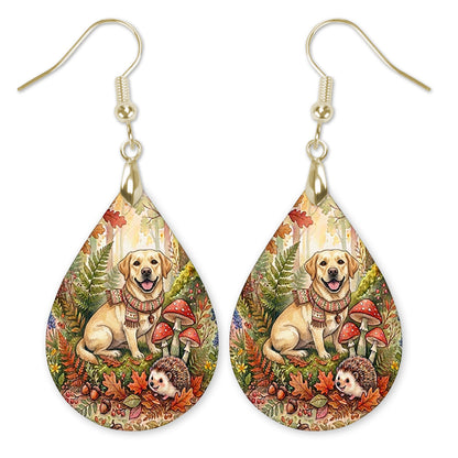 Yellow Lab in an autumn woodland teardrop earrings with gold-tone hooks