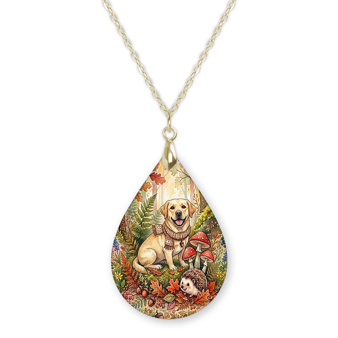 Yellow Lab woodland teardrop pendant necklace on a gold-tone chain