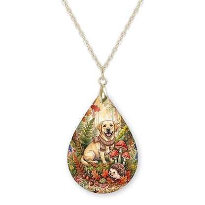 Yellow Lab woodland teardrop pendant necklace on a gold-tone chain
