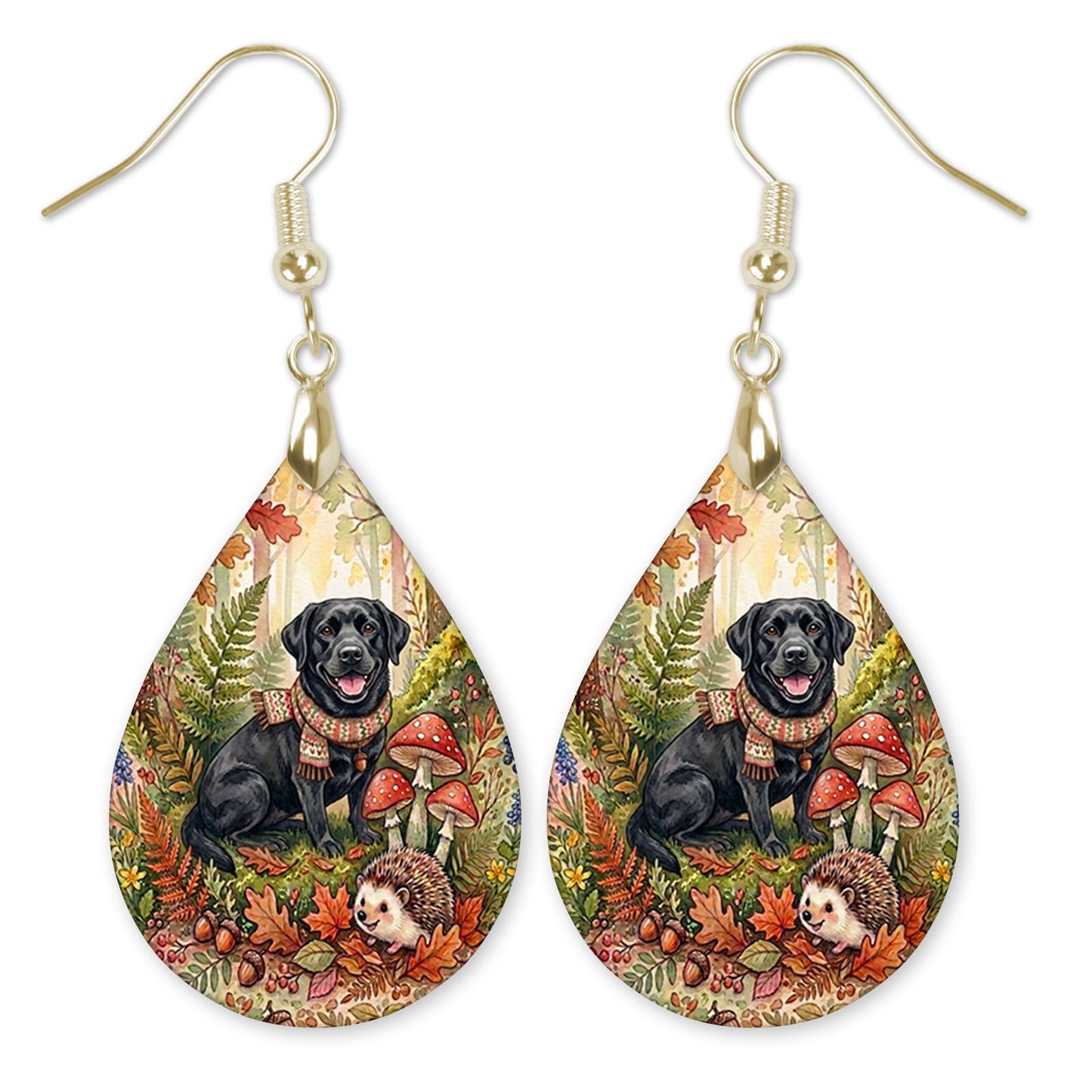 Black Lab in an autumn woodland teardrop earrings with gold-tone hooks