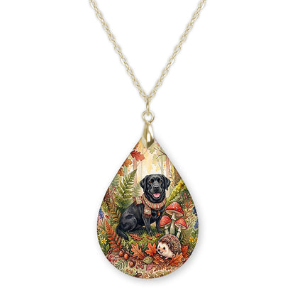 Black Lab woodland teardrop pendant necklace on a gold-tone chain