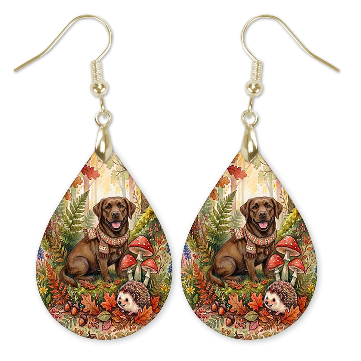 Chocolate Lab in an autumn woodland teardrop earrings with gold-tone hooks