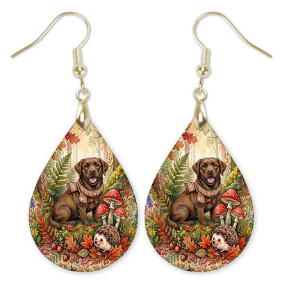 Chocolate Lab in an autumn woodland teardrop earrings with gold-tone hooks