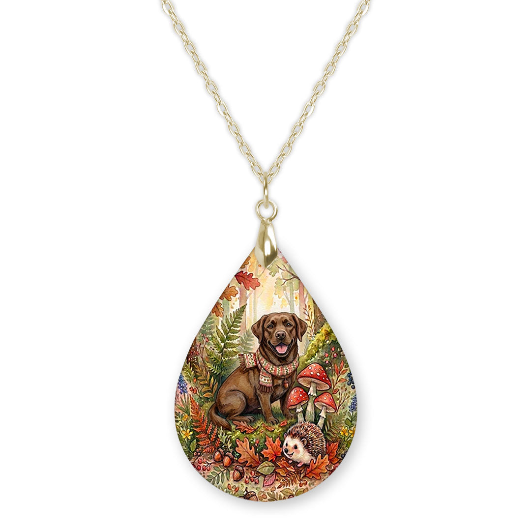 Chocolate Lab woodland teardrop pendant necklace on a gold-tone chain