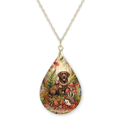 Chocolate Lab woodland teardrop pendant necklace on a gold-tone chain