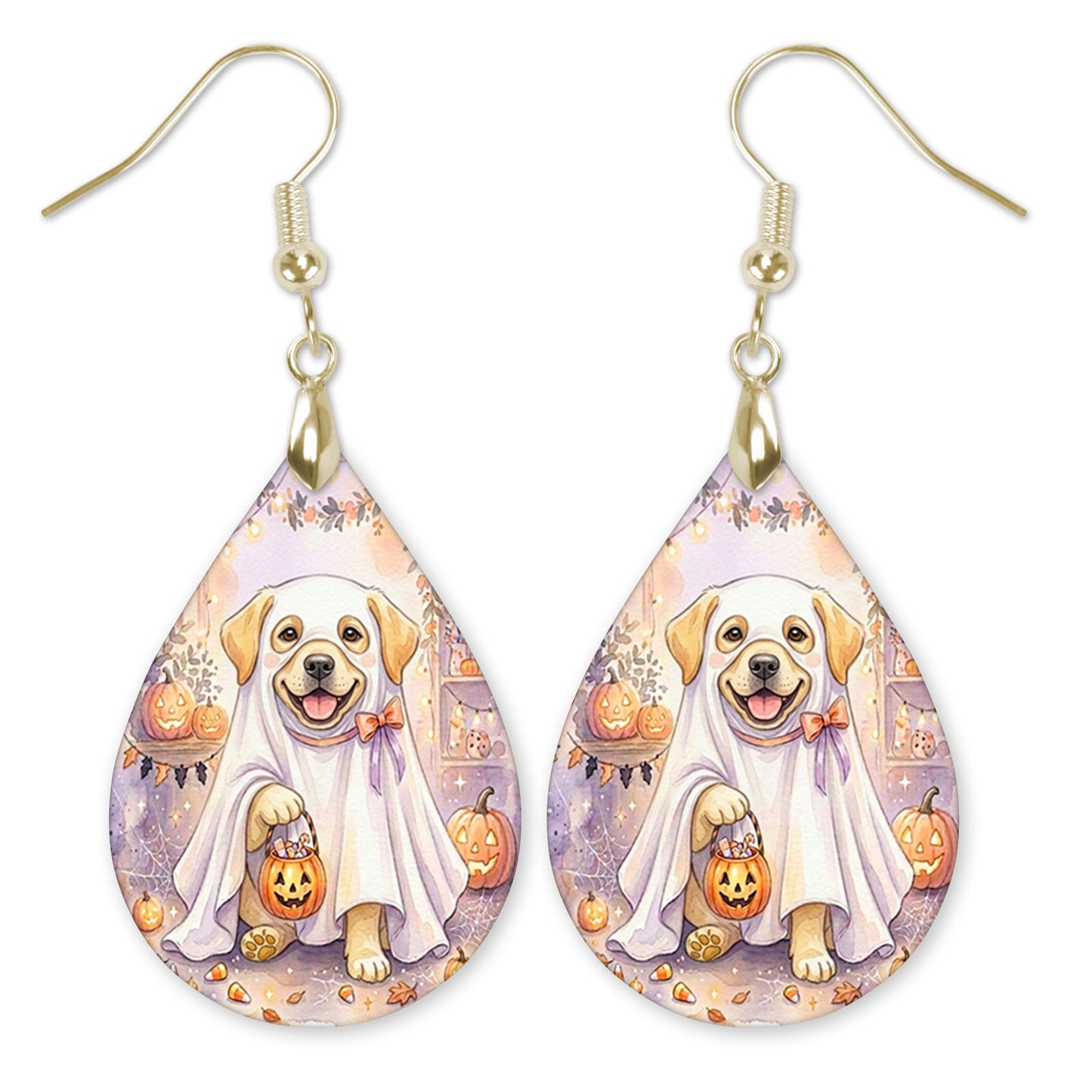 Yellow Lab in a ghost costume with a candy bucket teardrop earrings with gold-tone hooks