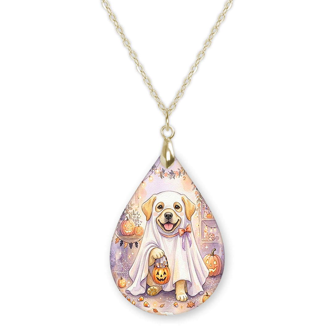 Yellow Lab ghost teardrop pendant necklace on a gold-tone chain