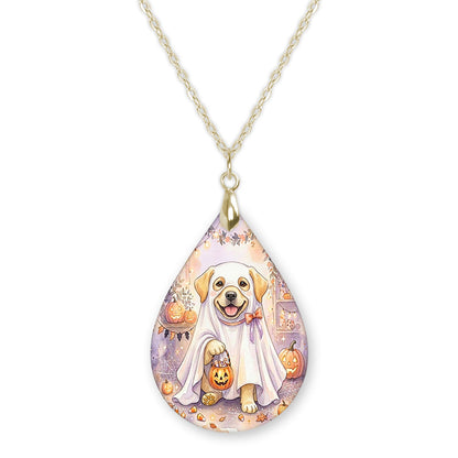 Yellow Lab ghost teardrop pendant necklace on a gold-tone chain