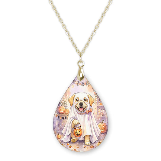 Yellow Lab ghost teardrop pendant necklace on a gold-tone chain