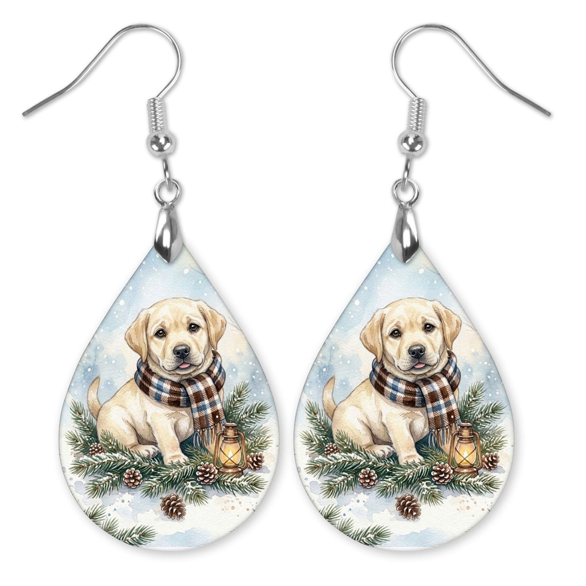 Yellow Lab Winter Woodland teardrop earrings with silver-tone hooks