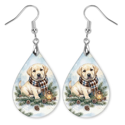 Yellow Lab Winter Woodland teardrop earrings with silver-tone hooks