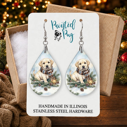 Yellow Lab Winter Woodland earrings in a gift box on a Christmas table