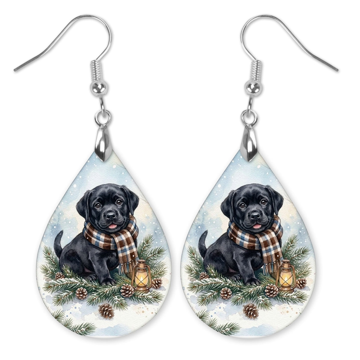 Black Lab Winter Woodland teardrop earrings with silver-tone hooks
