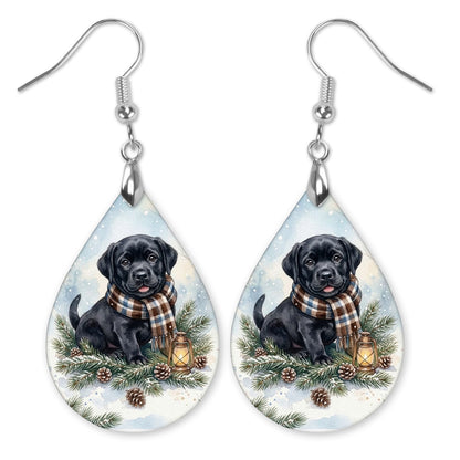 Black Lab Winter Woodland teardrop earrings with silver-tone hooks