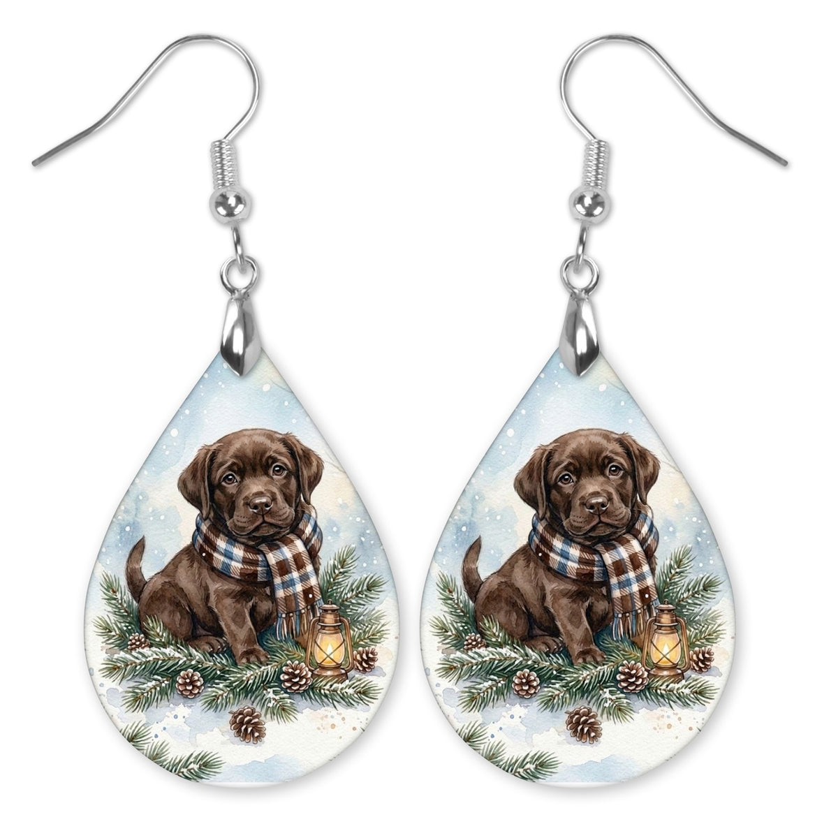 Chocolate Lab Winter Woodland teardrop earrings with silver-tone hooks