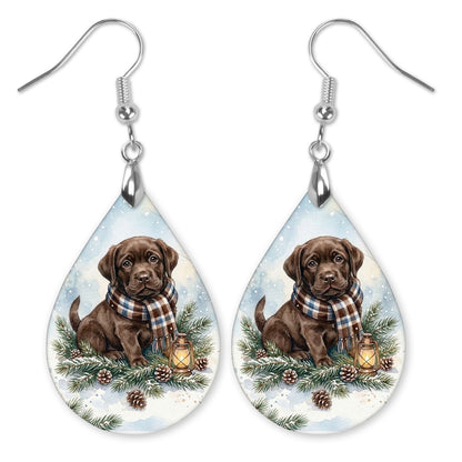 Chocolate Lab Winter Woodland teardrop earrings with silver-tone hooks