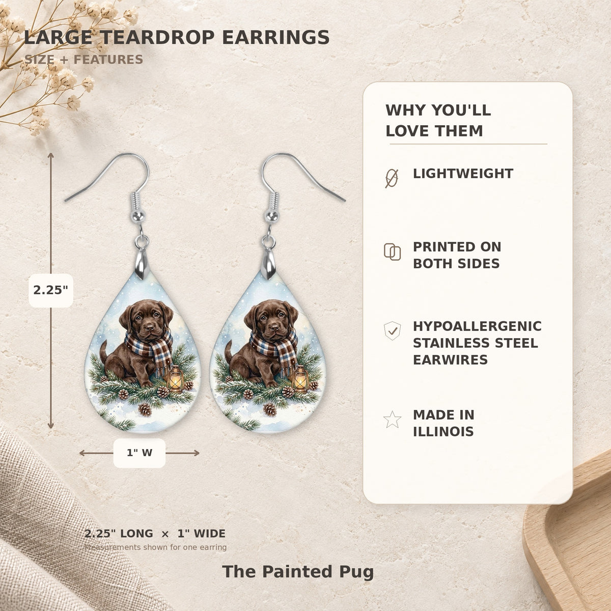 Earring size guide: 2.25 inches long with hook, 1 inch wide