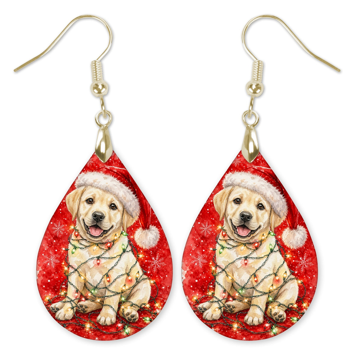 Yellow Lab Christmas Lights teardrop earrings with gold-tone hooks