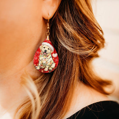 Yellow Lab Christmas Lights teardrop earrings worn by a model, close-up