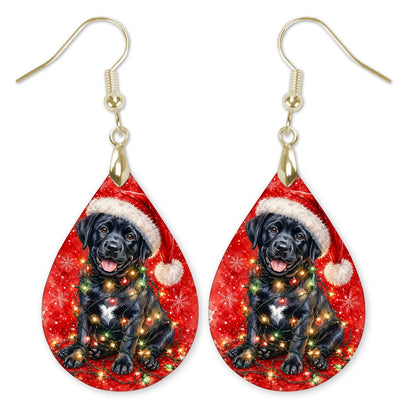Black Lab Christmas Lights teardrop earrings with gold-tone hooks