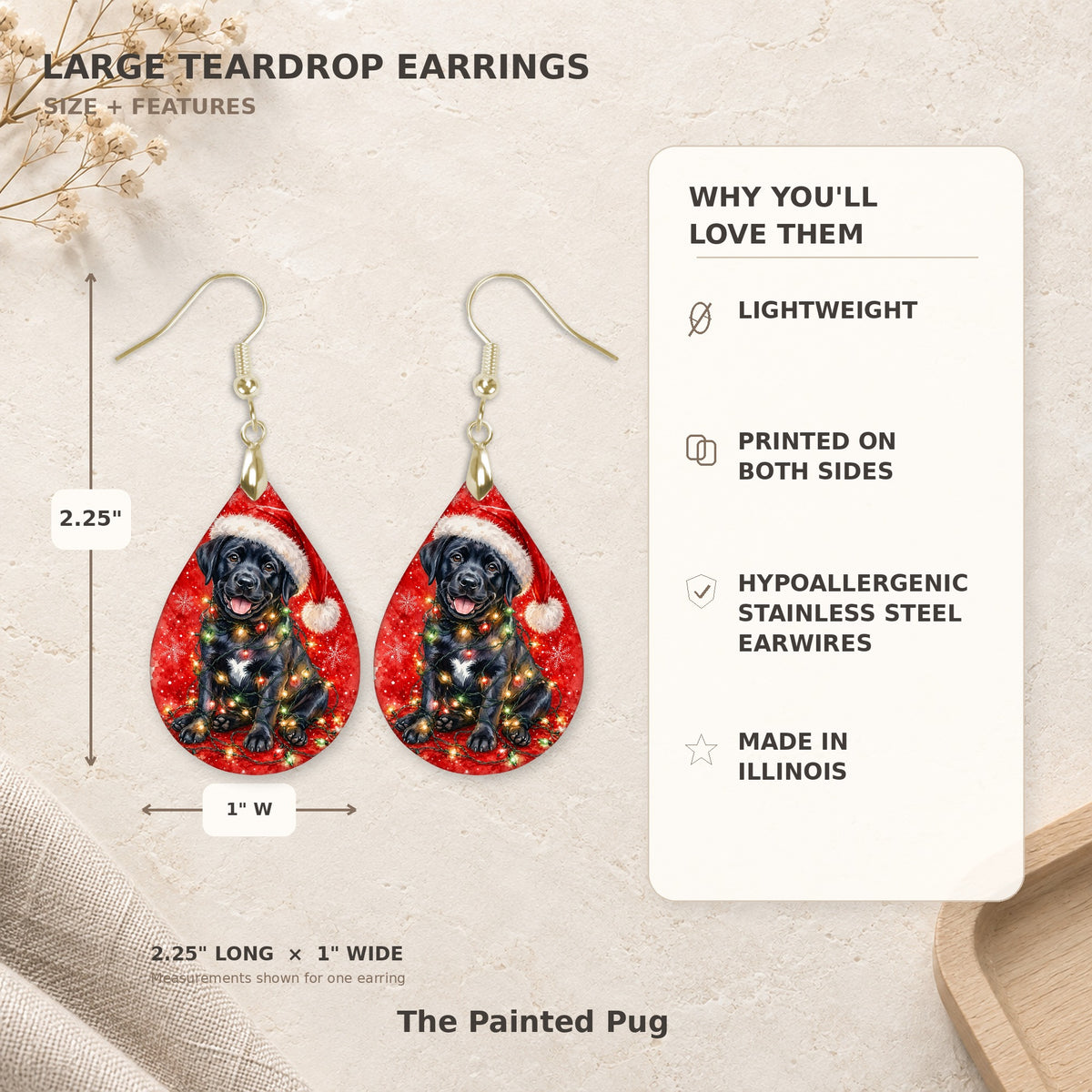Earring size guide: 2.25 inches long with hook, 1 inch wide