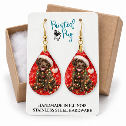 Chocolate Lab Christmas Lights teardrop earrings on a gift box card