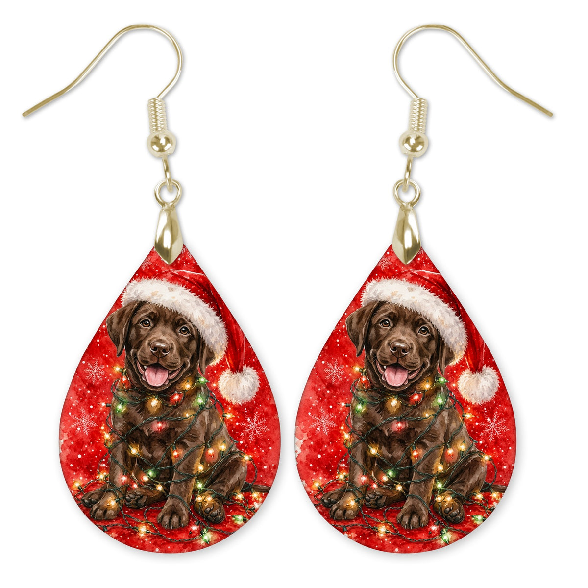 Chocolate Lab Christmas Lights teardrop earrings with gold-tone hooks