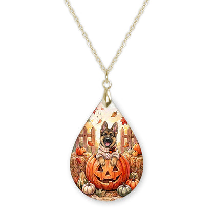 German Shepherd pumpkin teardrop pendant necklace on a gold-tone chain