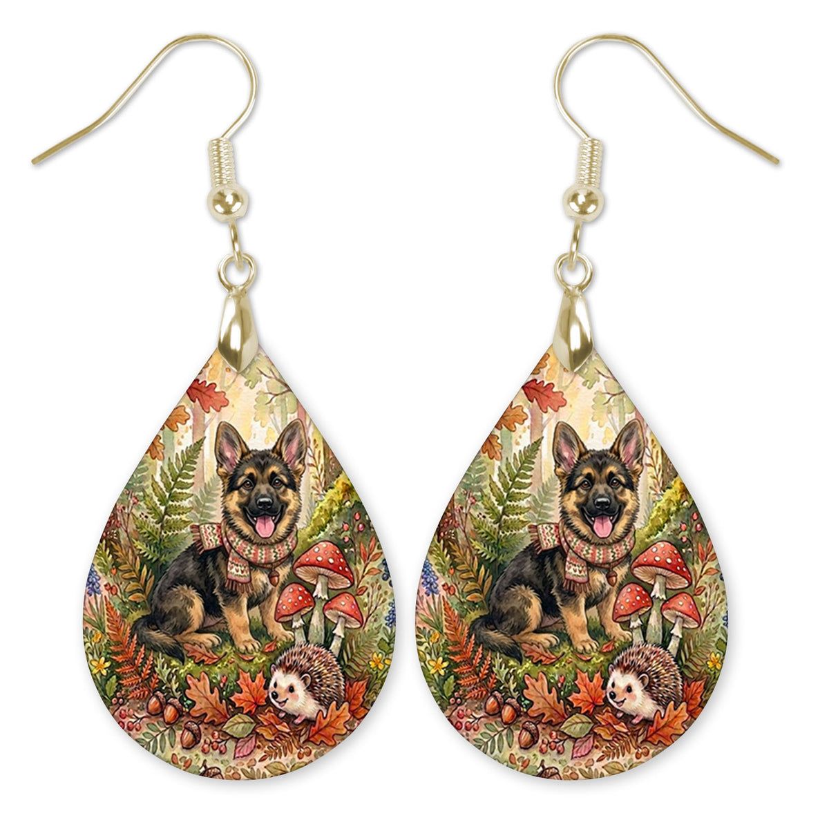 German Shepherd in an autumn woodland teardrop earrings with gold-tone hooks