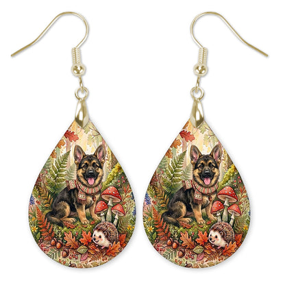 German Shepherd in an autumn woodland teardrop earrings with gold-tone hooks