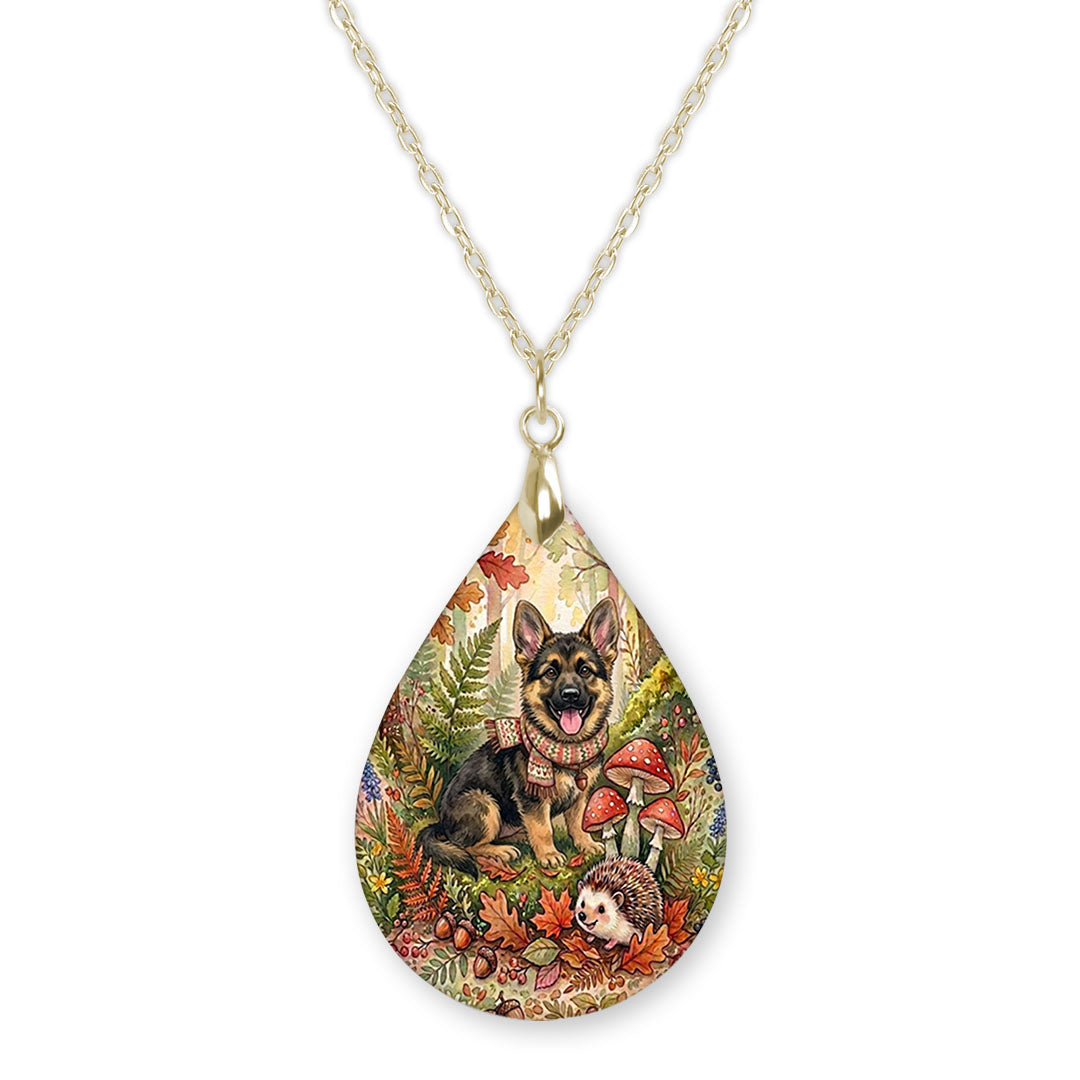 German Shepherd woodland teardrop pendant necklace on a gold-tone chain