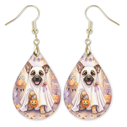 German Shepherd in a ghost costume with a candy bucket teardrop earrings with gold-tone hooks