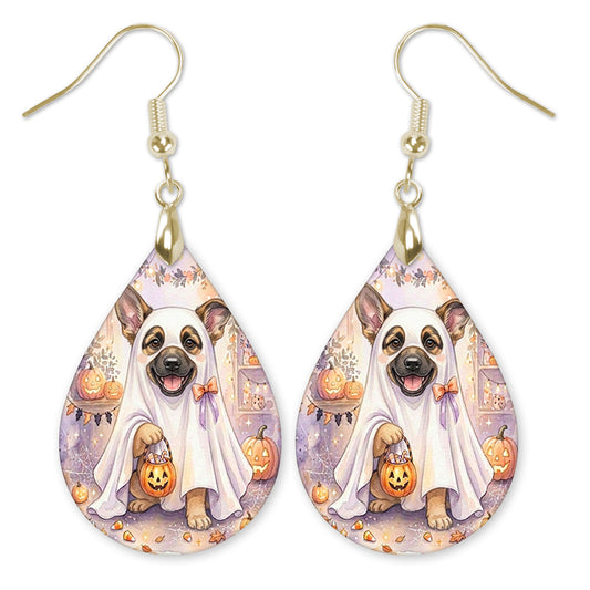 German Shepherd in a ghost costume with a candy bucket teardrop earrings with gold-tone hooks