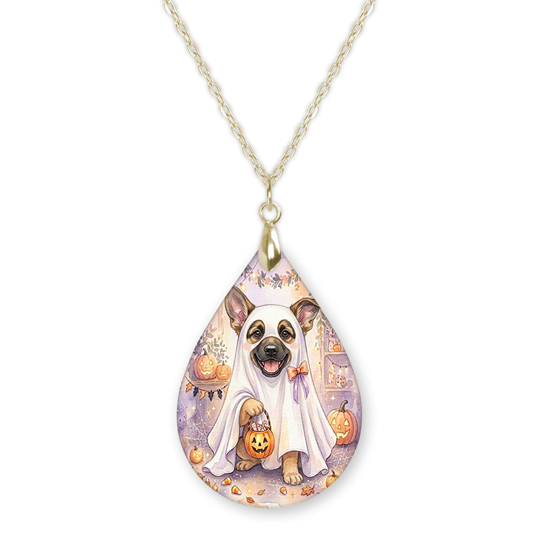 German Shepherd ghost teardrop pendant necklace on a gold-tone chain