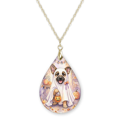 German Shepherd ghost teardrop pendant necklace on a gold-tone chain