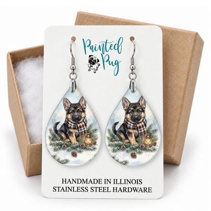 German Shepherd Winter Woodland teardrop earrings on a gift box card