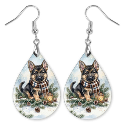 German Shepherd Winter Woodland teardrop earrings with silver-tone hooks