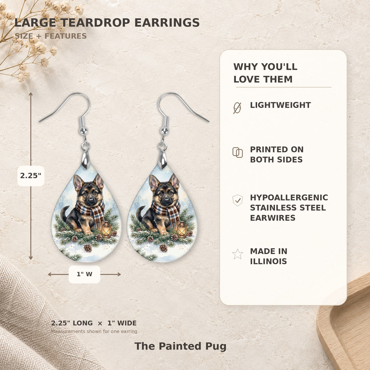 Earring size guide: 2.25 inches long with hook, 1 inch wide