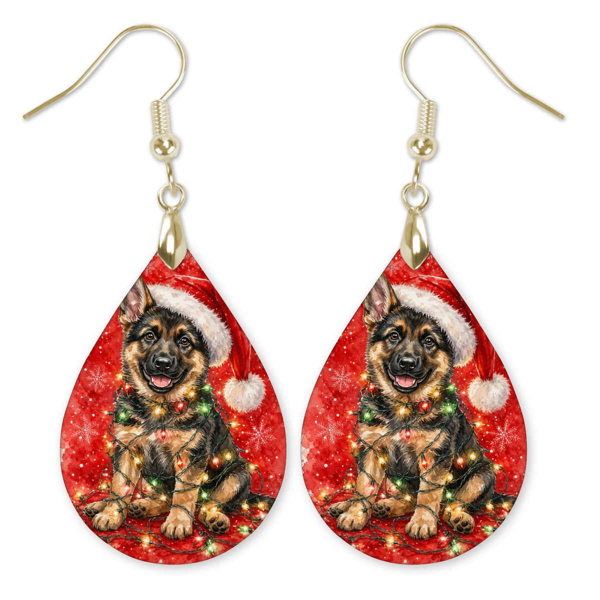 German Shepherd Christmas Lights teardrop earrings with gold-tone hooks