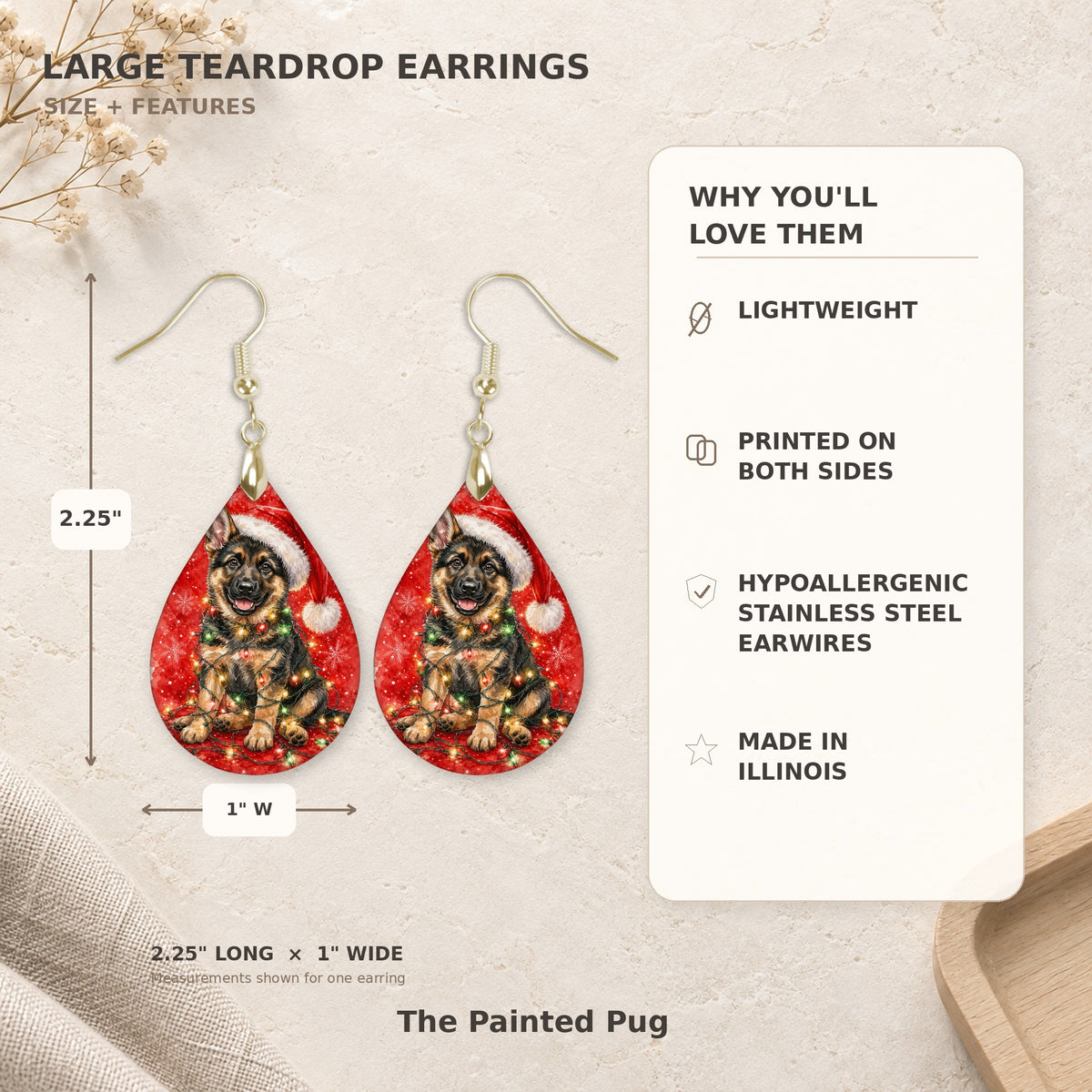 Earring size guide: 2.25 inches long with hook, 1 inch wide