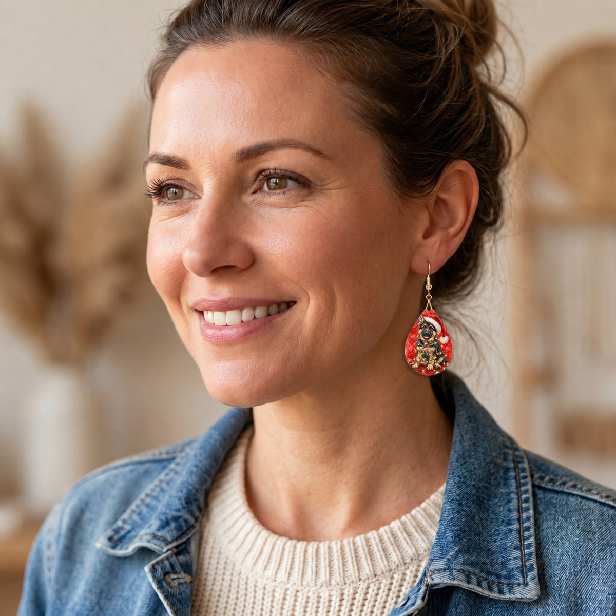 German Shepherd Christmas Lights teardrop earrings shown on a model