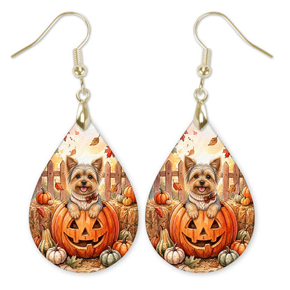 Yorkie in a cream sweater in a jack-o'-lantern teardrop earrings with gold-tone hooks