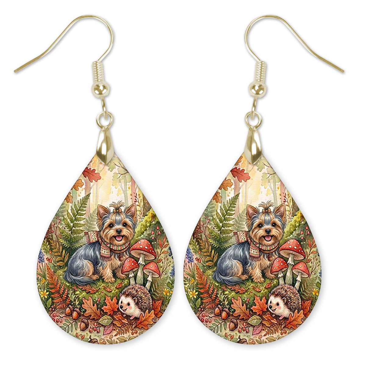 Yorkie in an autumn woodland teardrop earrings with gold-tone hooks