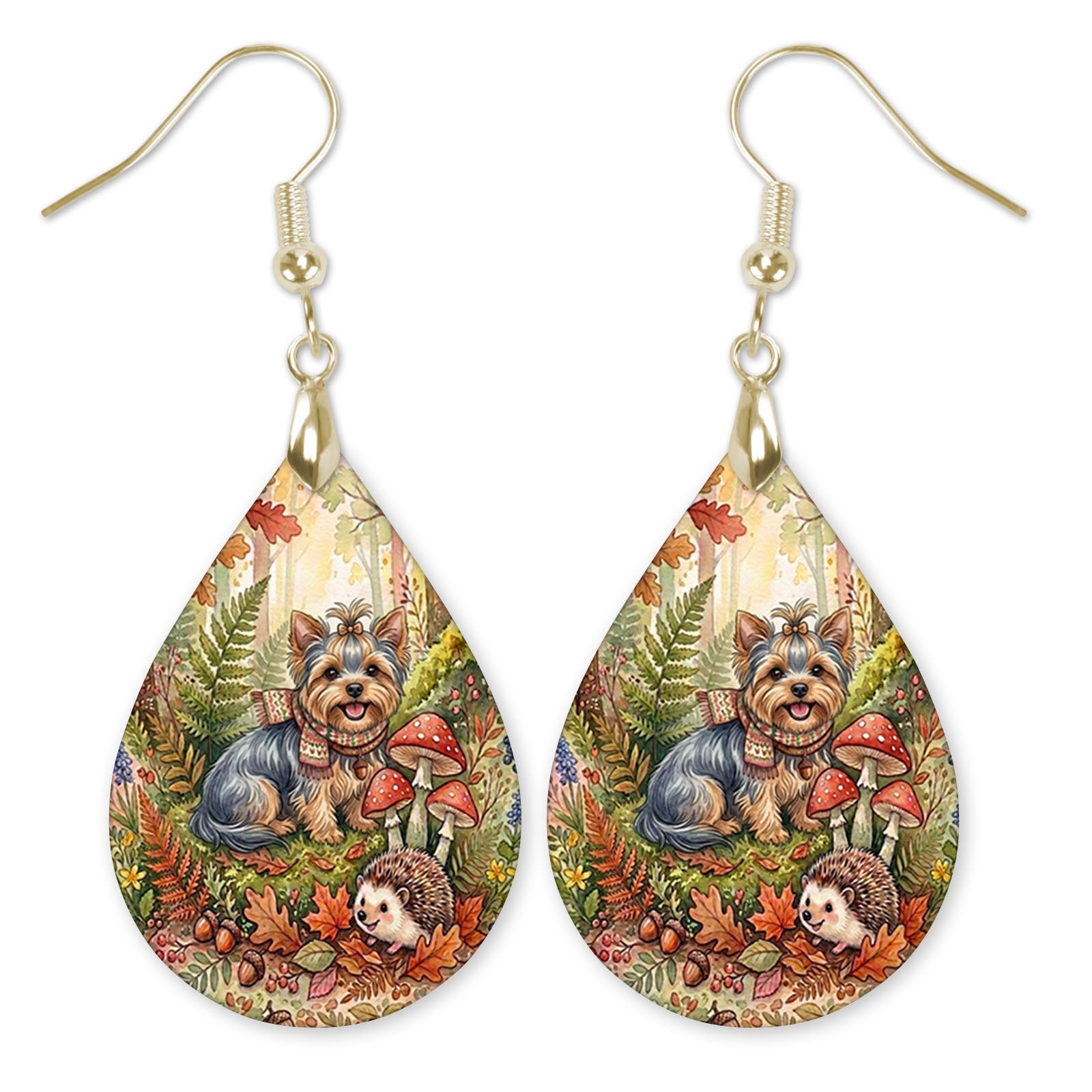 Yorkie in an autumn woodland teardrop earrings with gold-tone hooks