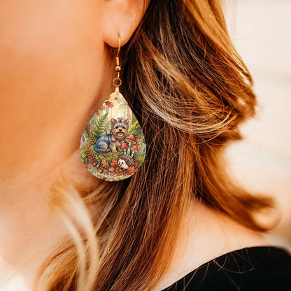 Model wearing Yorkie woodland teardrop earrings