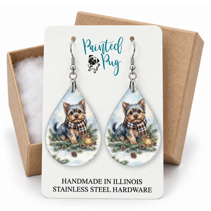 Yorkie Winter Woodland teardrop earrings on a gift box card