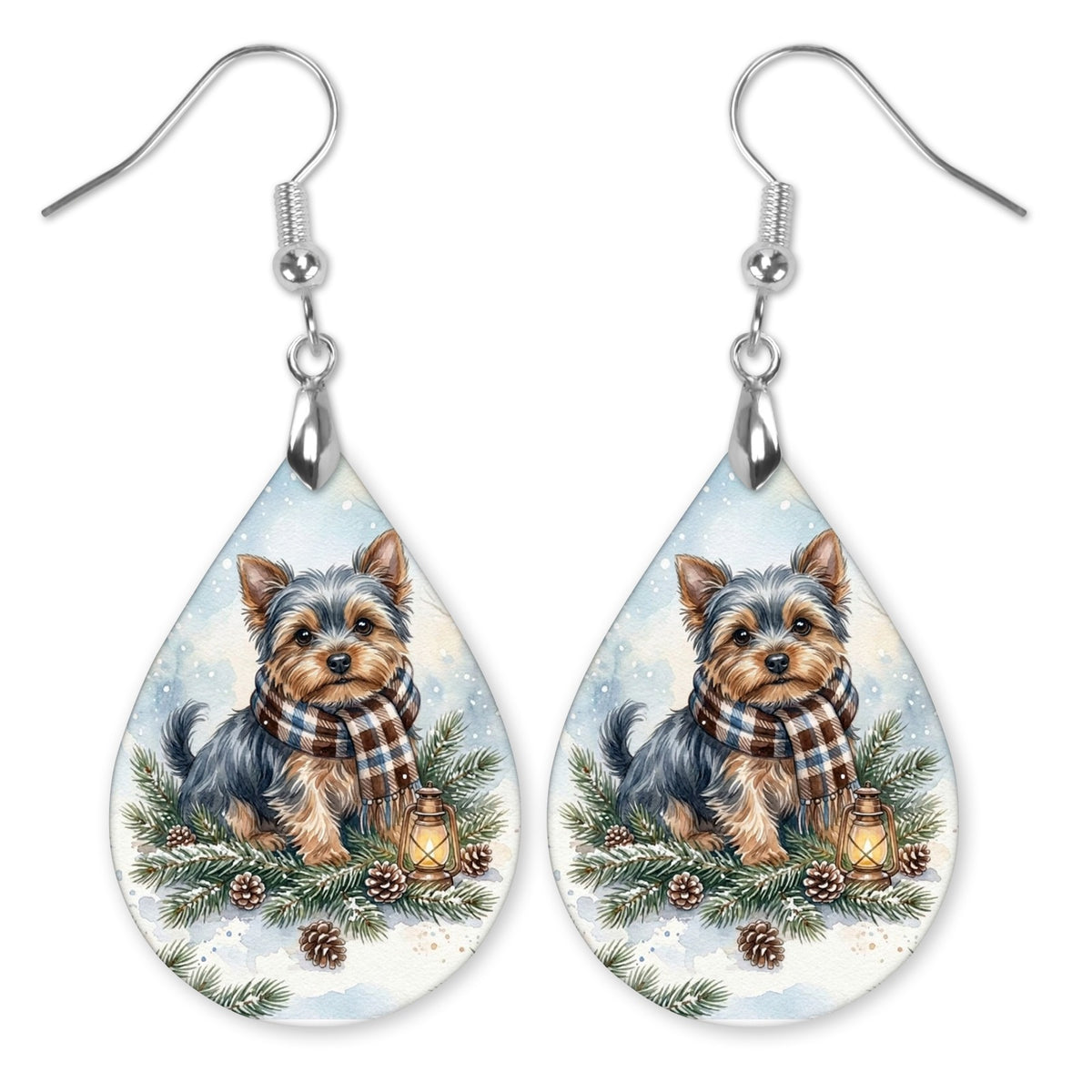 Yorkie Winter Woodland teardrop earrings with silver-tone hooks