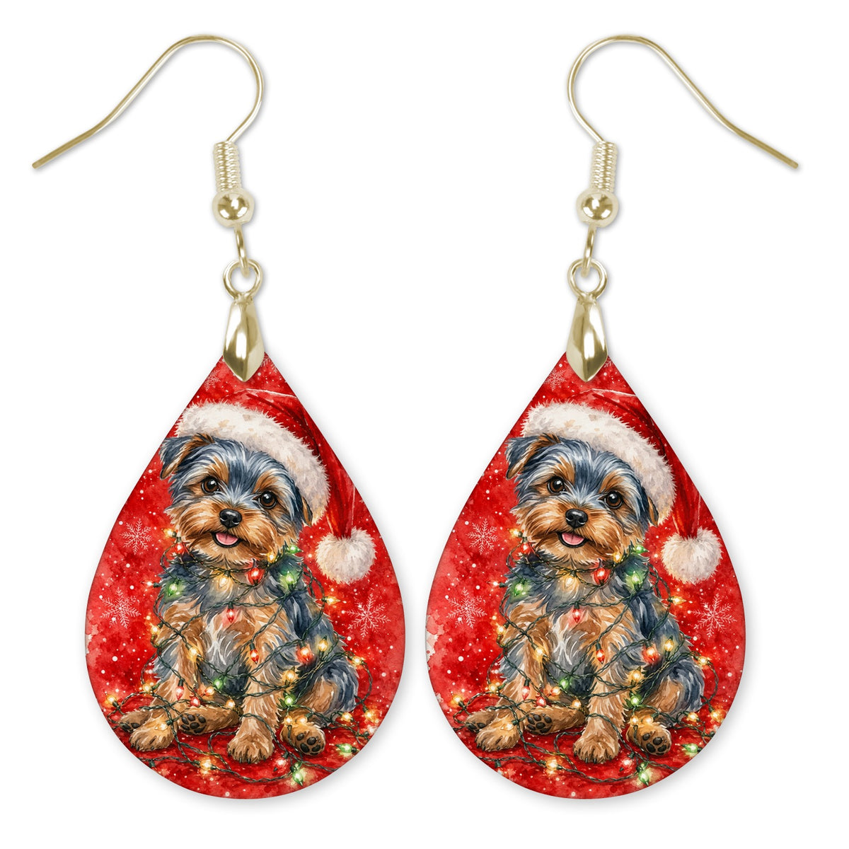 Yorkie Christmas Lights teardrop earrings with gold-tone hooks