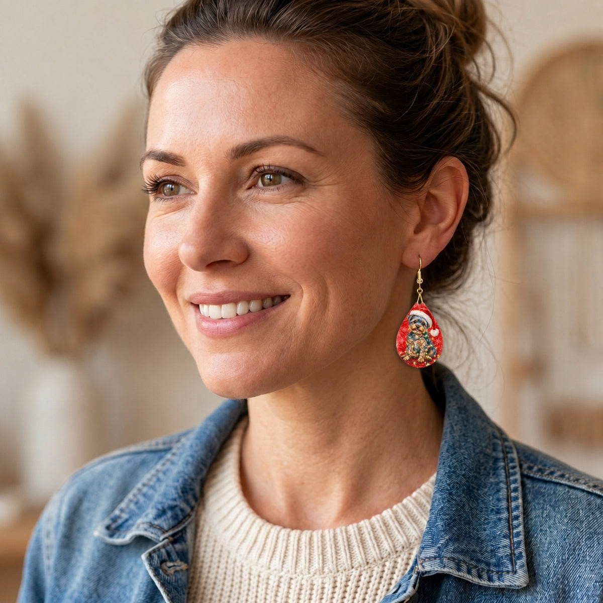 Yorkie Christmas Lights teardrop earrings shown on a model